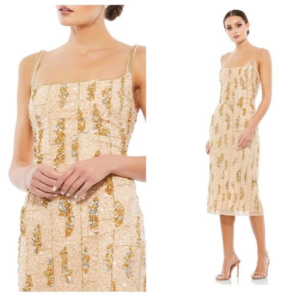 NWT MAC DUGGAL 10770 Nude Gold Beaded Spaghetti Strap Midi Slip Dress Women’s - Picture 1 of 12